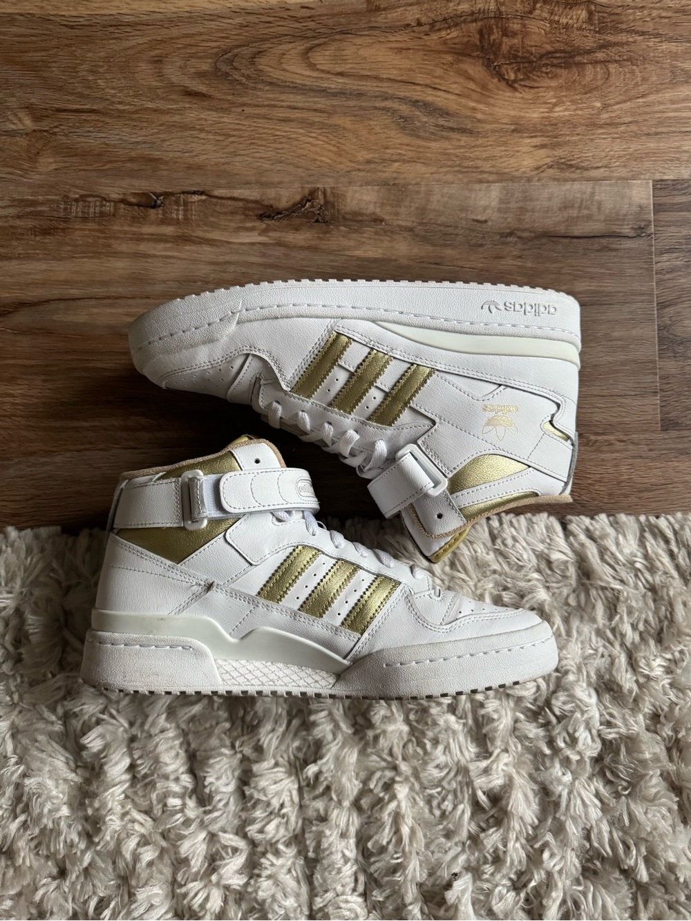 Adidas Women’s Forum Mid White and Metallic Gold High-Top Sneakers